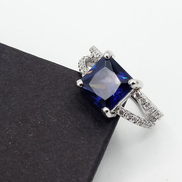 Siltaki Blue Square Stone Zircon 925 Sterling Silver Garnet Ring With Microstones