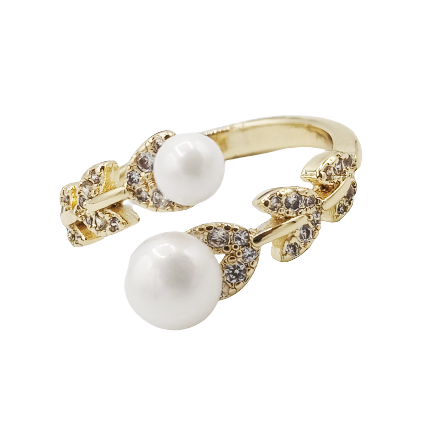 Luxury Creative Zircon Leaf Pearl Gold Open Adjustable Ring