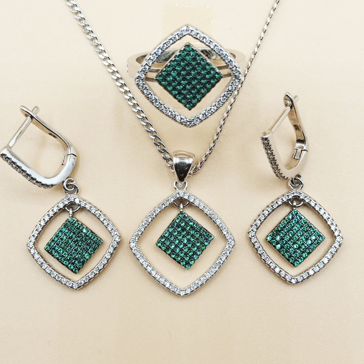 Siltaki 925 Sterling Silver Dimond Shape Clear Zircon Blue & Green Ring Earring & Pendant Sets