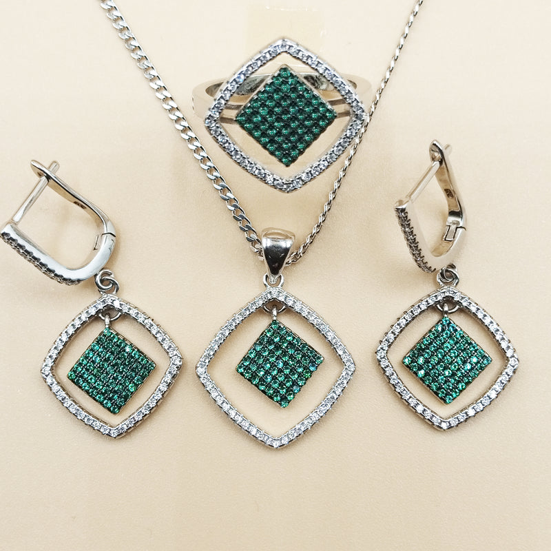Siltaki 925 Sterling Silver Dimond Shape Clear Zircon Blue & Green Ring Earring & Pendant Sets