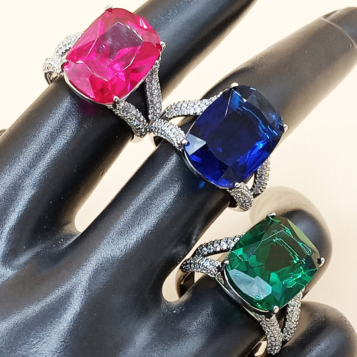 925 Sterling Silver Brilliant Rectangle Red Blue Emerald Zircon Adjustable Ring