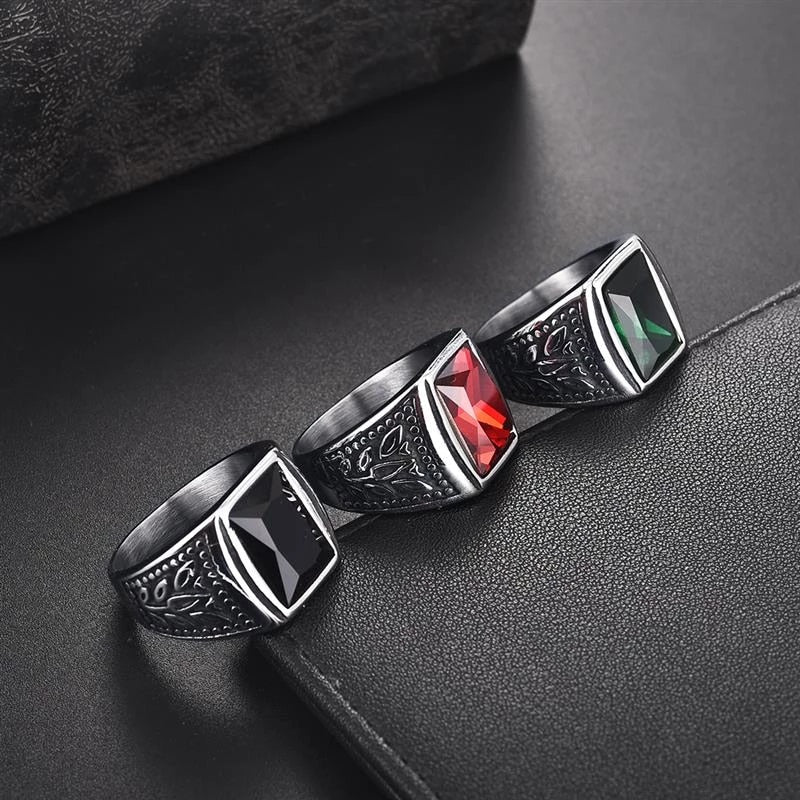 Men's Square Shape Zircon Stone Titanium Stainless Steel Antique Border Rings