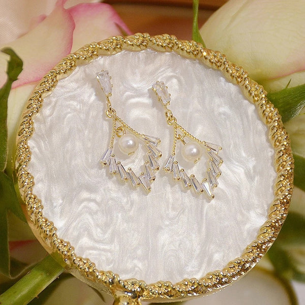 luxury fan-shaped zircon 14K real gold wedding party earrings