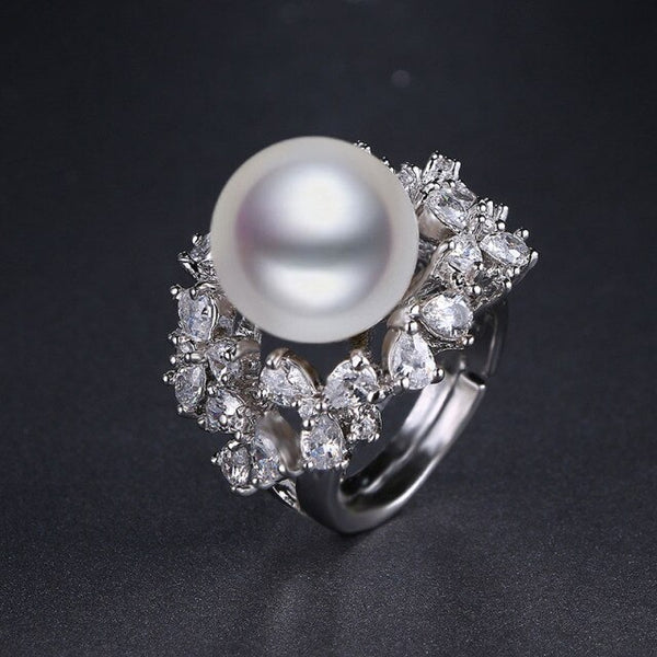 Fashion Big Imitation Pearl With Bright CZ Stone Crystal Adjustable Ring