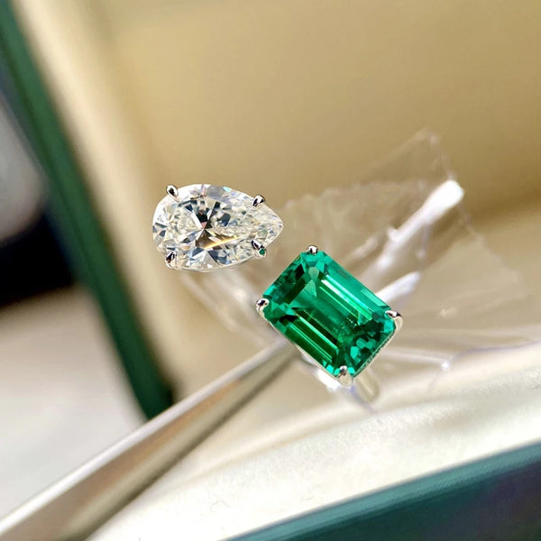 Luxury New Fine Silver Color Crystal Zircon Imitated Emerald Green Open Ring