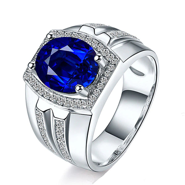 Men Ring Oval Shape Sapphire Zircon Gemstone Adjustable Ring
