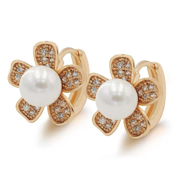 Smooth White Simulated Pearl Flower Shape Elegant Fashion 18 k Gold Color Hoop Earrings
