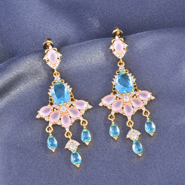 New Design Long Dangle Delicate Water Drop Pink and Blue Zircon Earrings