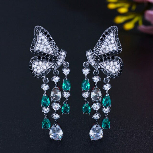 Beautiful Butterfly Black Green CZ Crystal Silver 925 Long Tassel Waterdrop Dangle Earrings