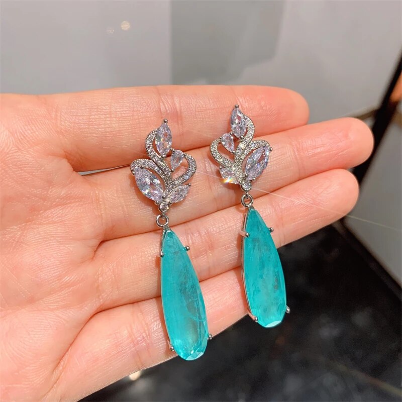 Luxury Silver 925 Jewelry Paraiba Tourmaline Gemstone Water Drop Shaped Earrings