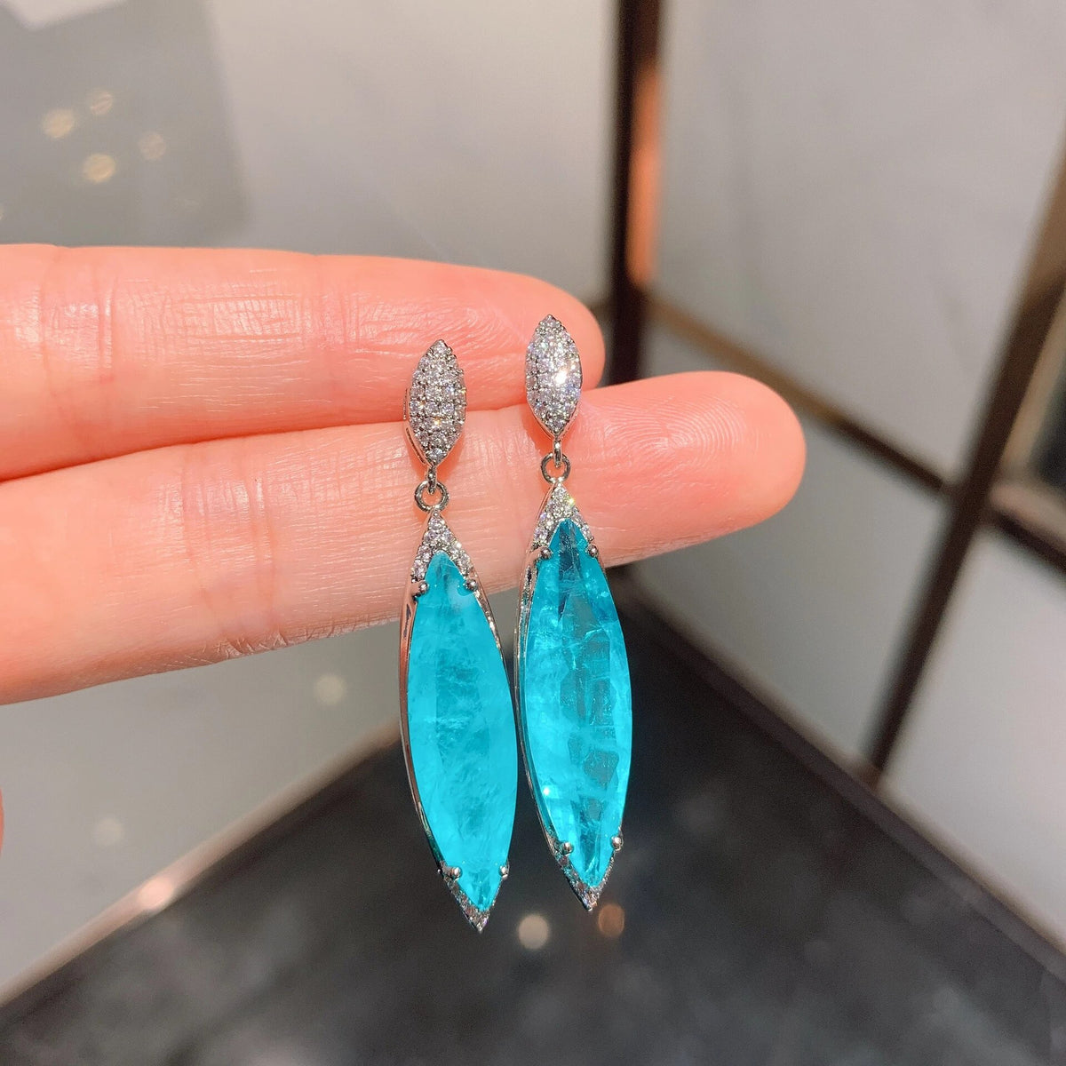Paraiba Tourmaline Gemstone Long Dangle Oval Shape Drop Earrings