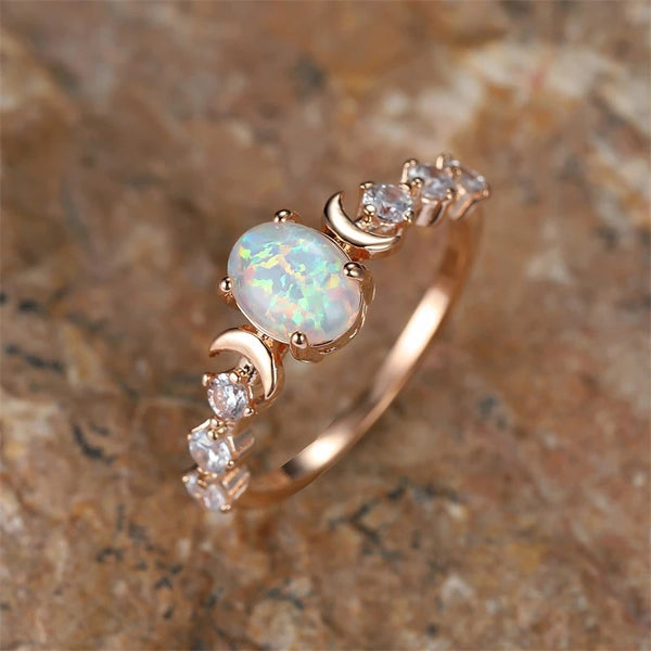 Rainbow White Fire Opal Rose Gold Color Small Moon Ring