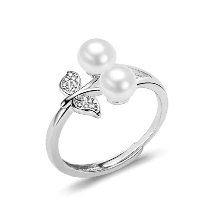 Fine Pearl Ring Two Real Natural Pearl 925 Sterling Silver Ring Cherry Design Adjustable Ring