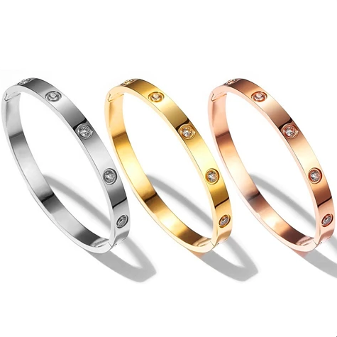 Trendy Style Crystal Stones Stainless Steel Bangles