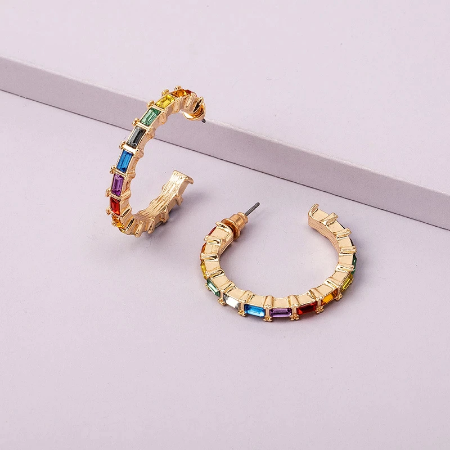 Rainbow Rings Rhinestone Hoop Colorful Crystal Golden Thin Earrings