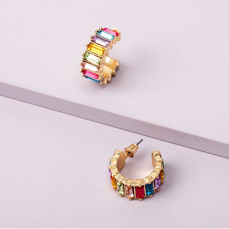 Rainbow Rings Rhinestone Hoop Colorful Crystal Golden Thick Earrings
