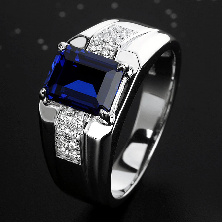Men 925 Silver Rectangle Sapphire Zircon Gemstone Adjustable Ring
