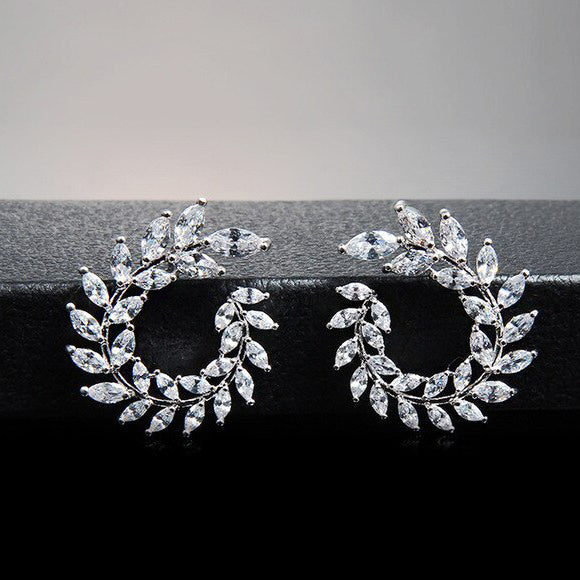 Zirconia Crystal Sparkly Olive Branch Leaf Shape Flower Earrings