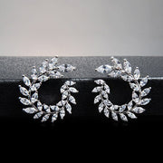 Zirconia Crystal Sparkly Olive Branch Leaf Shape Flower Earrings