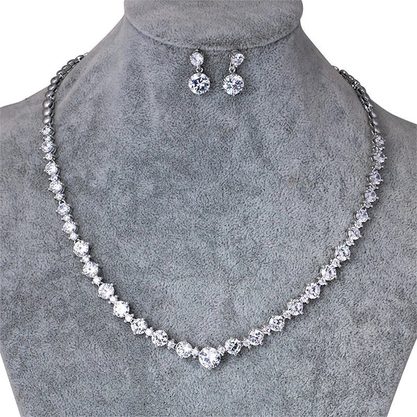Round Cut Cubic Zirconia CZ Crystal Necklace and Earrings Set