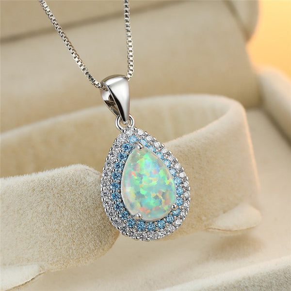 White Fire Opal Water Drop Blue Pink Crystal Small Stone Pendant