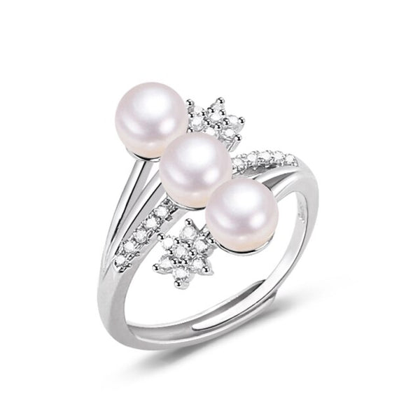 New Design Fine Pearl Ring Three Real Natural Pearls 925 Sterling Silver Adjustable Ring