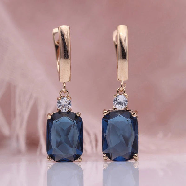 New Square Dark Blue & Red 585 Rose Gold Hollow Natural Zircon Dangle Earrings