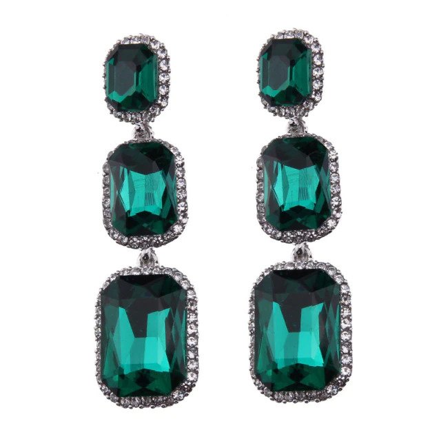 Luxury Glass Crystal Green Black And Red Long Dangle Rectangle Shape Drop Earrings