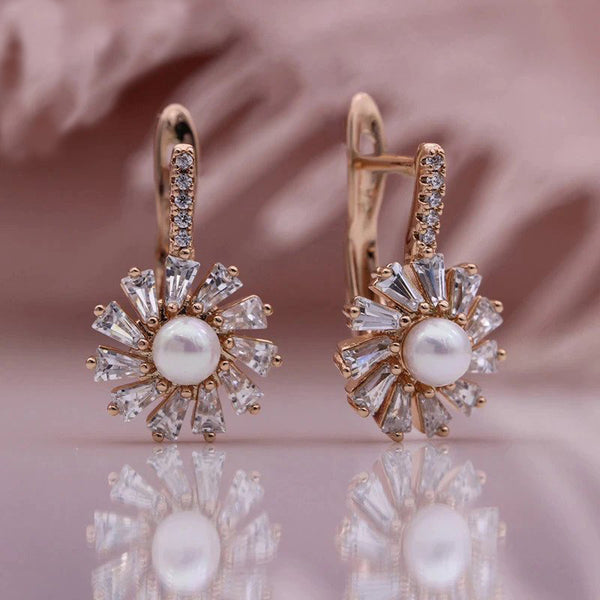 New Sun Flower White Shell Pearl 585 Rose Gold Natural Zircon Hoop Earrings