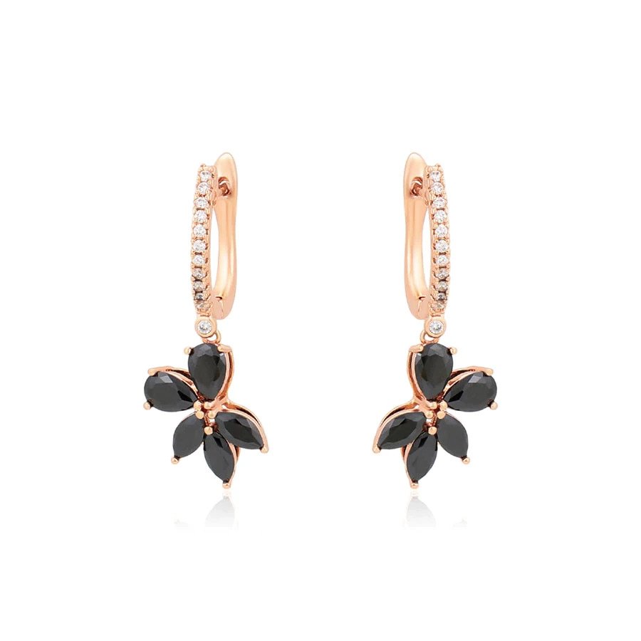 Rose Gold Plated Plant Shape Black Cubic Zirconia Drop Earrings