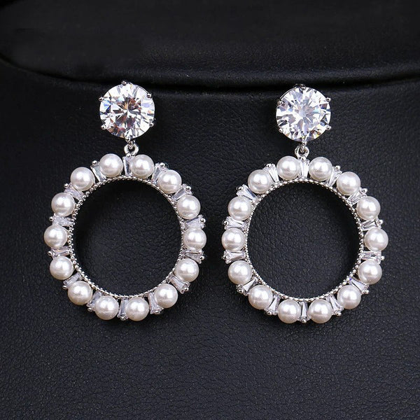 Zircons Classic Round Shaped Pearl Cubic Zirconia Crystal Bridal Earrings
