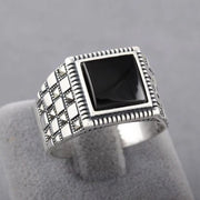 Men's Black Square Stone Antique Border Silver Plated Ring