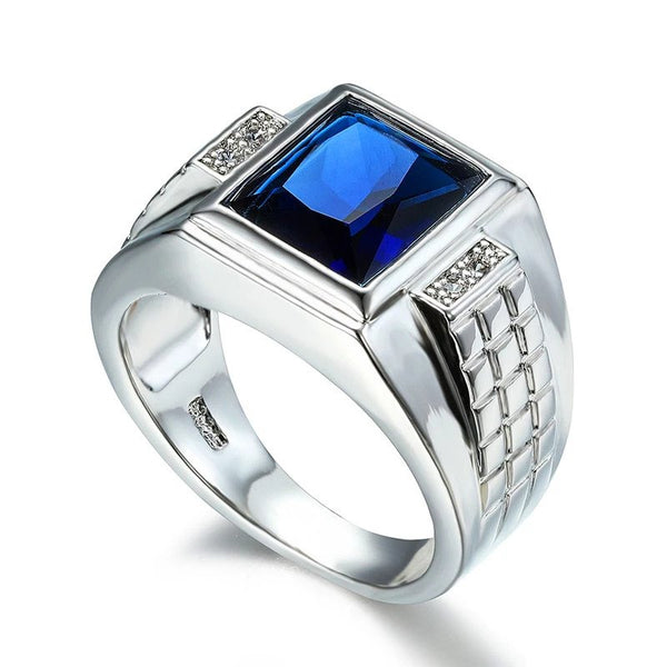 SILTAKI Men's Blue Cubic Zirconia Square Shape Vintage Ring