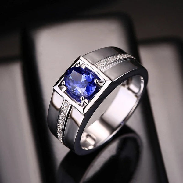 Men Ring Silver Plated Sapphire Gemstone Oval Shape Adjustable Ring