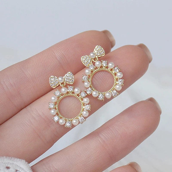 Cute Tiny Imitation Pearls Bowknot AAA Cubic CZ Temperament Stud Earrings