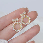 Cute Tiny Imitation Pearls Bowknot AAA Cubic CZ Temperament Stud Earrings