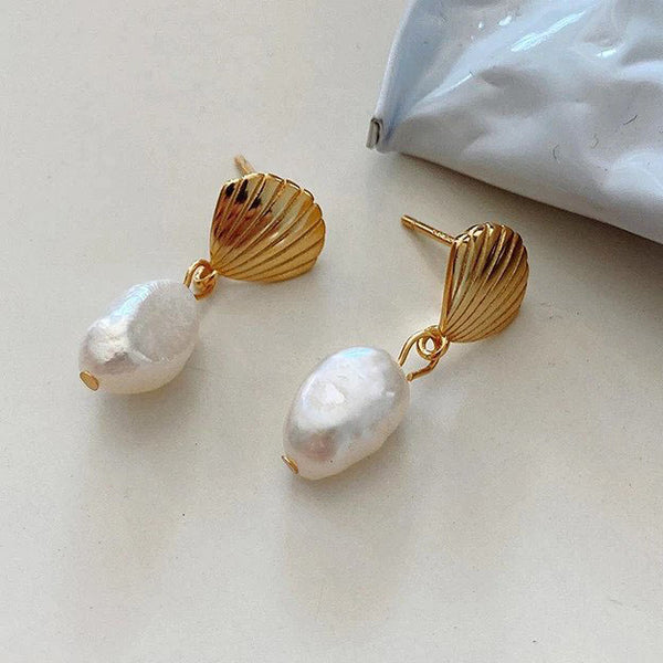 Gold Shell Natural Freshwater Pearl Irregular Shape Sterling Silver Drop Earrings