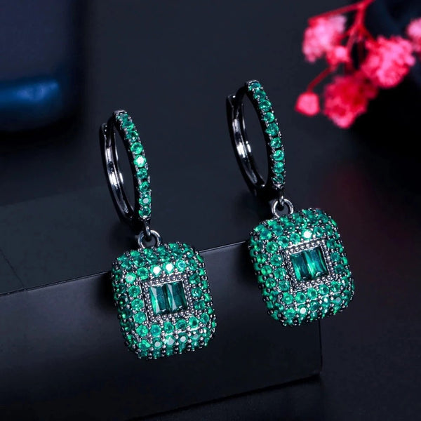 Full Black Color Green & Pink Micro Pave Cubic Zirconia Square Dangling Round Hoop Earrings