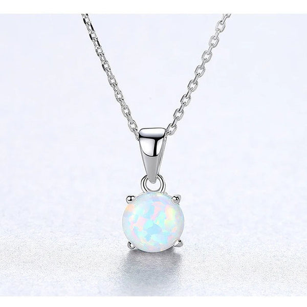 925 Sterling Silver Colorful  Round Fire Opal Pendant Necklace