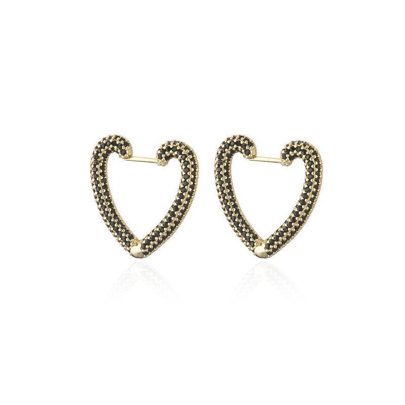 Gold Color Heart Shape Hoop Black Stone  Earrings