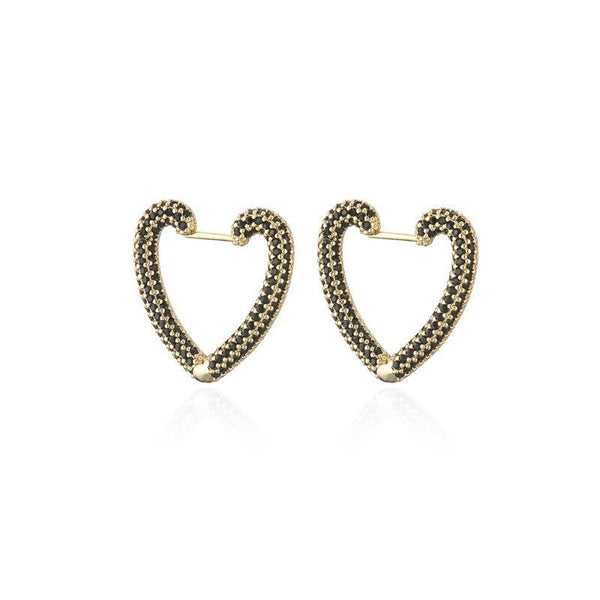 Gold Color Heart Shape Hoop Black Stone  Earrings