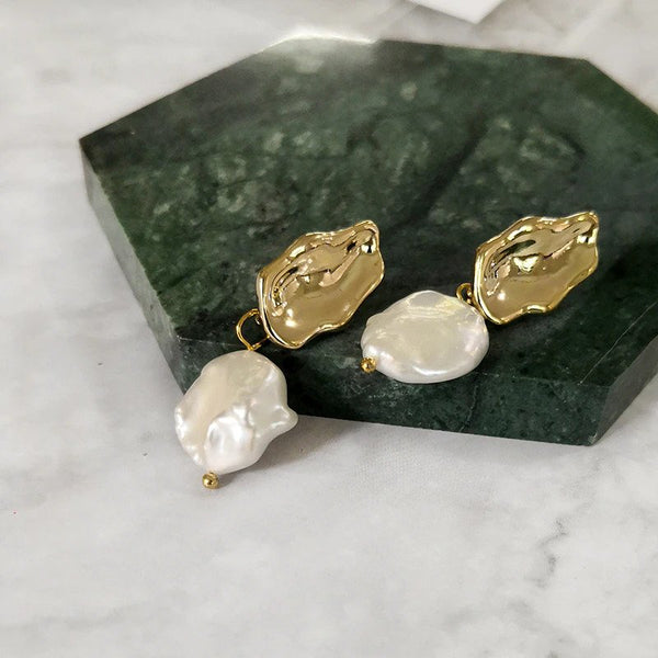 SILTAKI Freshwater Pearl Irregular Shape Gold Metal White Baroque Pearl Drop Earrings