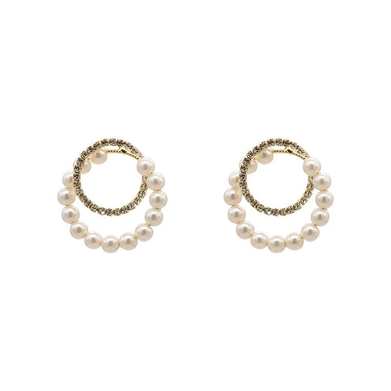 Rhinestone Pearl Circles Copper Alloy Round Shape Stud Earrings