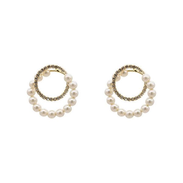 Rhinestone Pearl Circles Copper Alloy Round Shape Stud Earrings