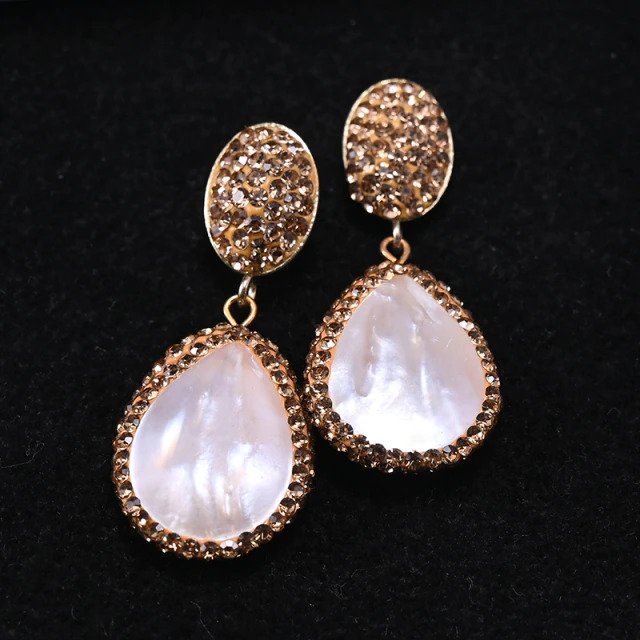 Natural Shell Rhinestone Mosaic Drop Earring Statement Shape Unique Trendy Vintage Design Dangle Earrings