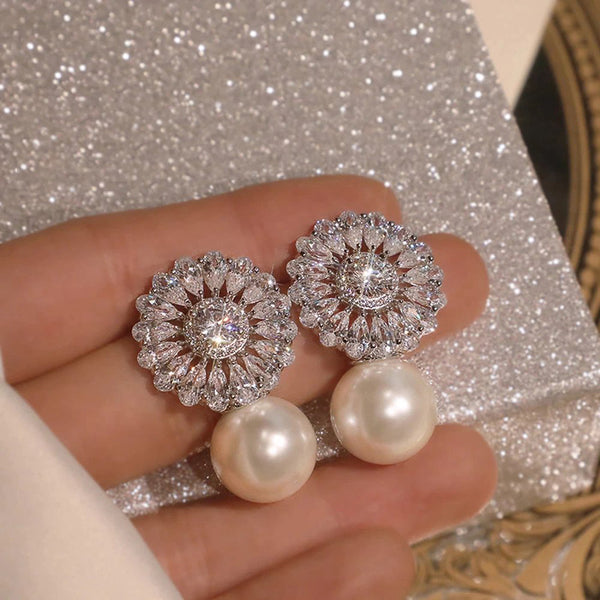 Elegant Bridal Wedding Luxury AAA Cubic Zircon Imitation Pearl Stud Earrings