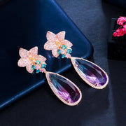 Zircons Micro Pave Pink Cubic Zirconia Flower Big Water Drop Rainbow Crystal Long Luxury Earrings