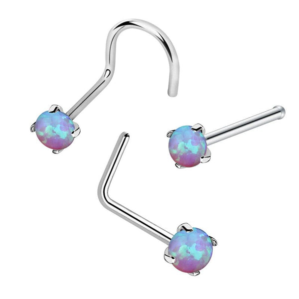 3PCS/lot Nose Studs Bone L-Shape Twist Nose Ear Piercing Purple Opal Gemstone