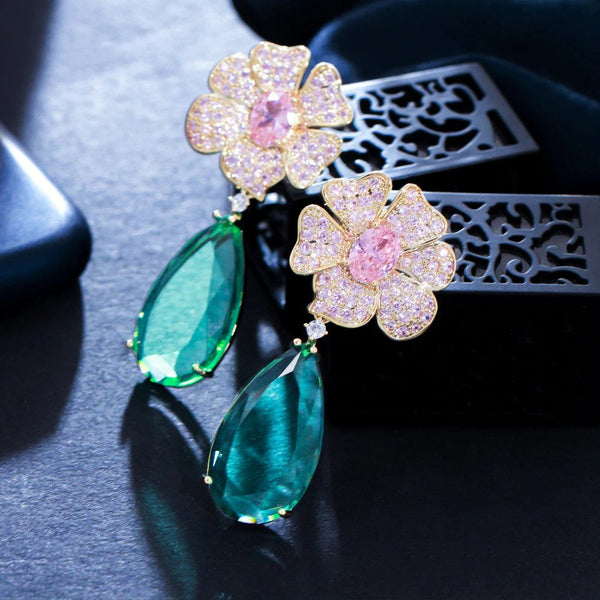 Zircons Beautiful Elegant Pink & Lake Green Cubic Zirconia Dangle Drop Big Long Flower Party Earrings