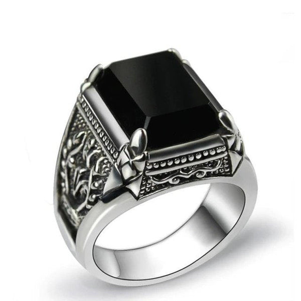 Men's Silver Plated Original Geometric Inlaid Big Black Rectangle Stone Opening Adjustable Ring